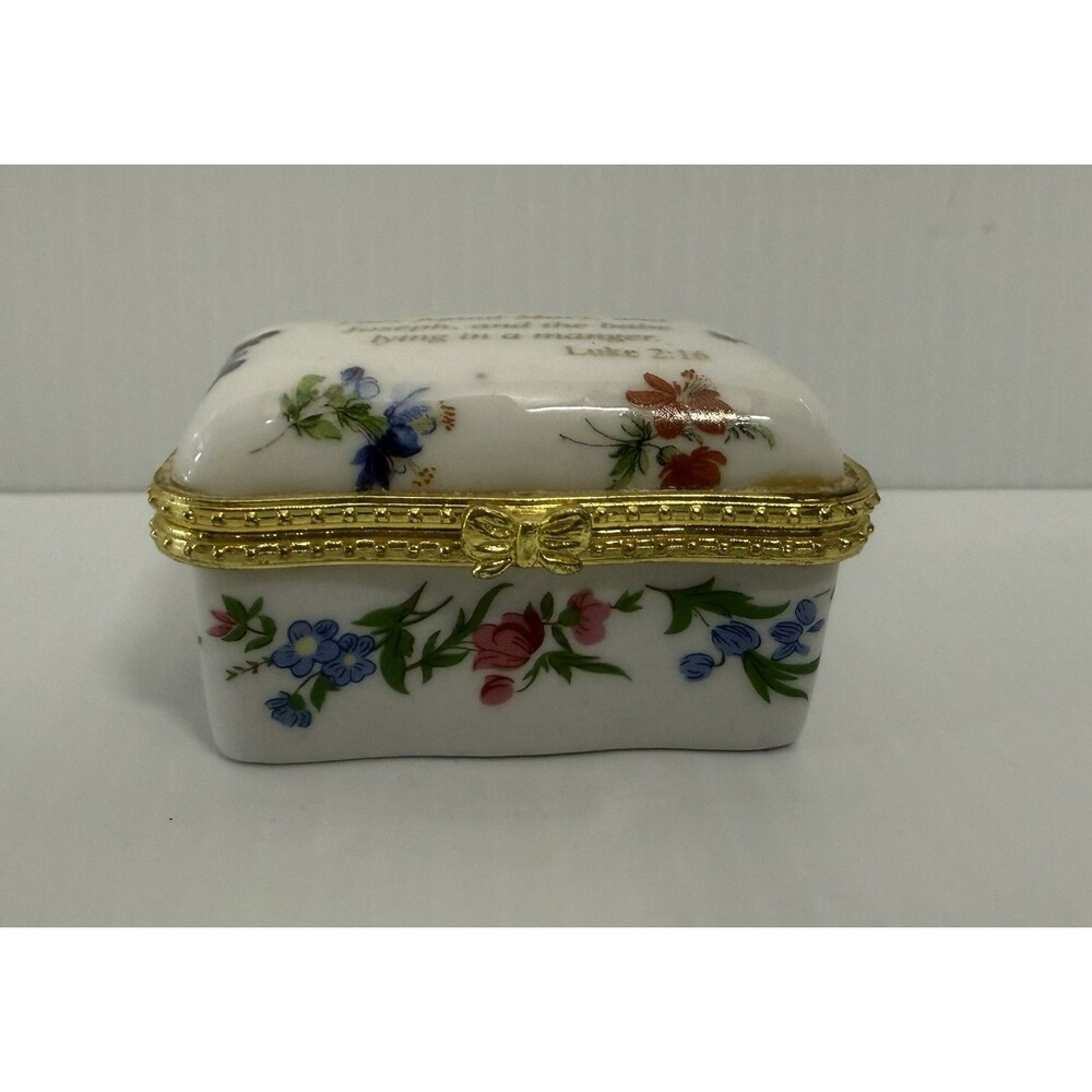 Imperial Porcelain Floral Trinket Box Luke 2:16 They Found Mary, And Joseph, …..